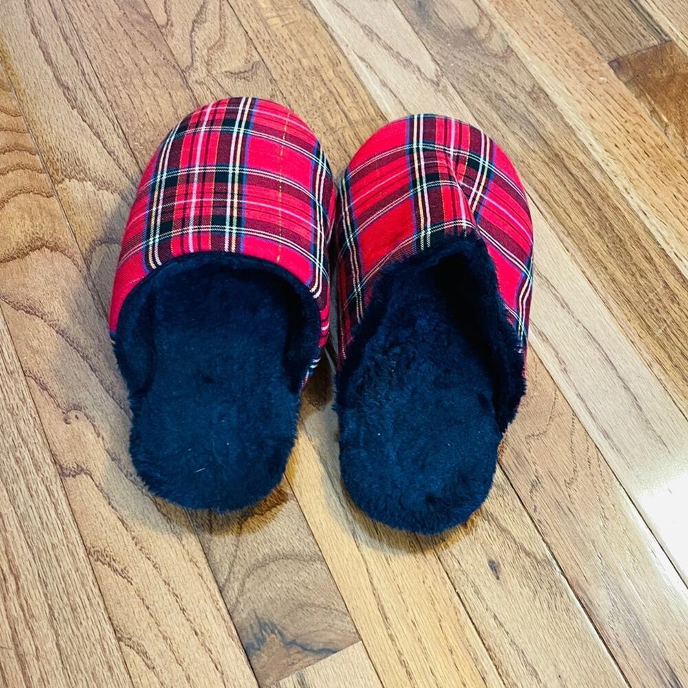 J. Crew Tartan Plaid Sherpa Lined Slippers Red Size 10 - Picture 3 of 5